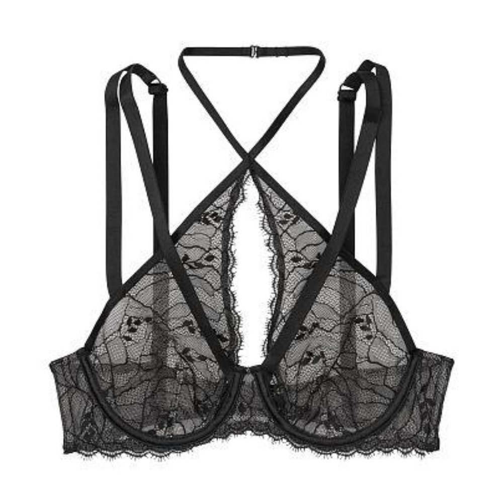 NWOT Victoria's Secret High Neck Chantilly Lace Unlined Bra - Black 34DDD